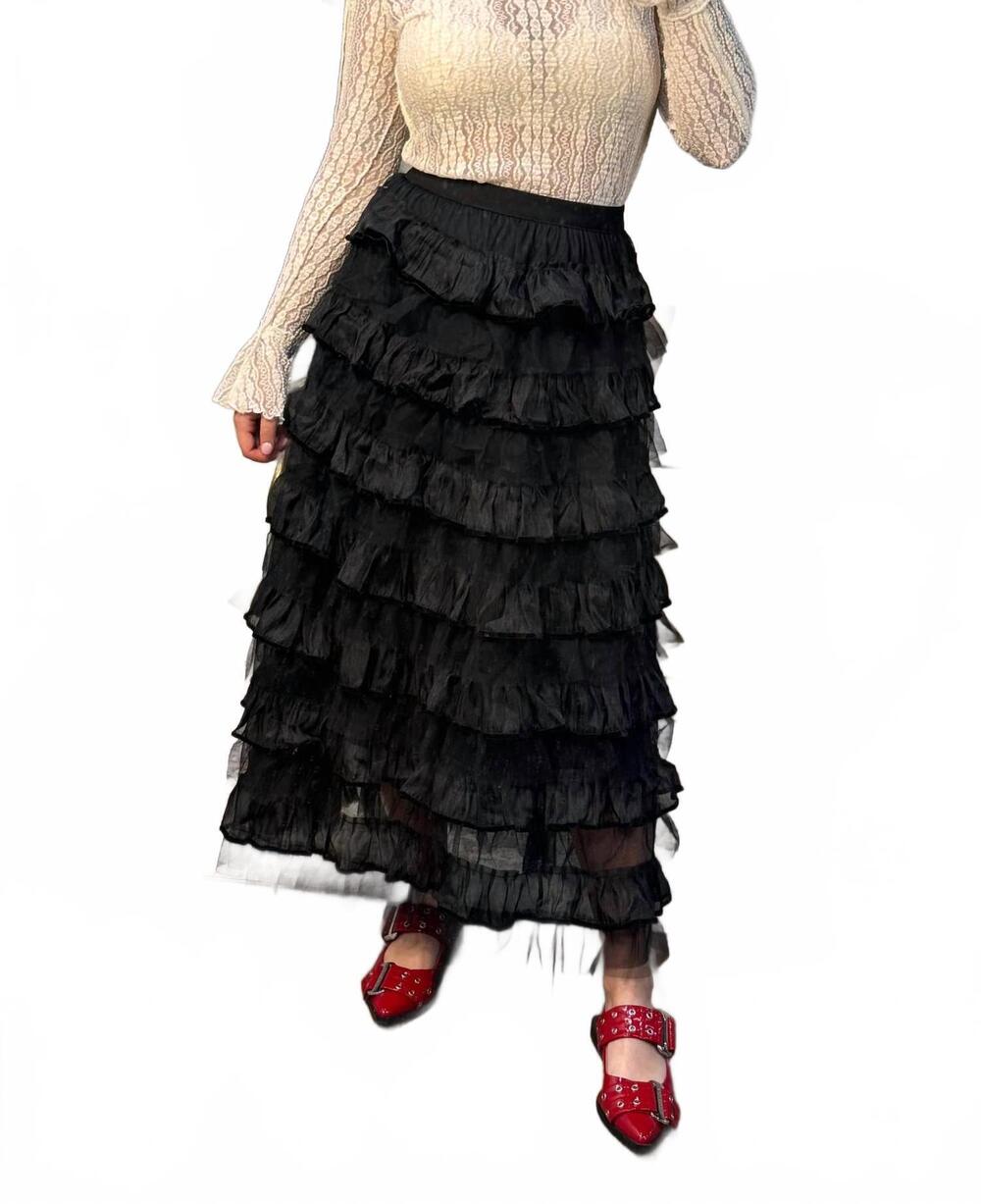 NEW URBAN DAIZY sophia layered ruffle maxi skirt in black